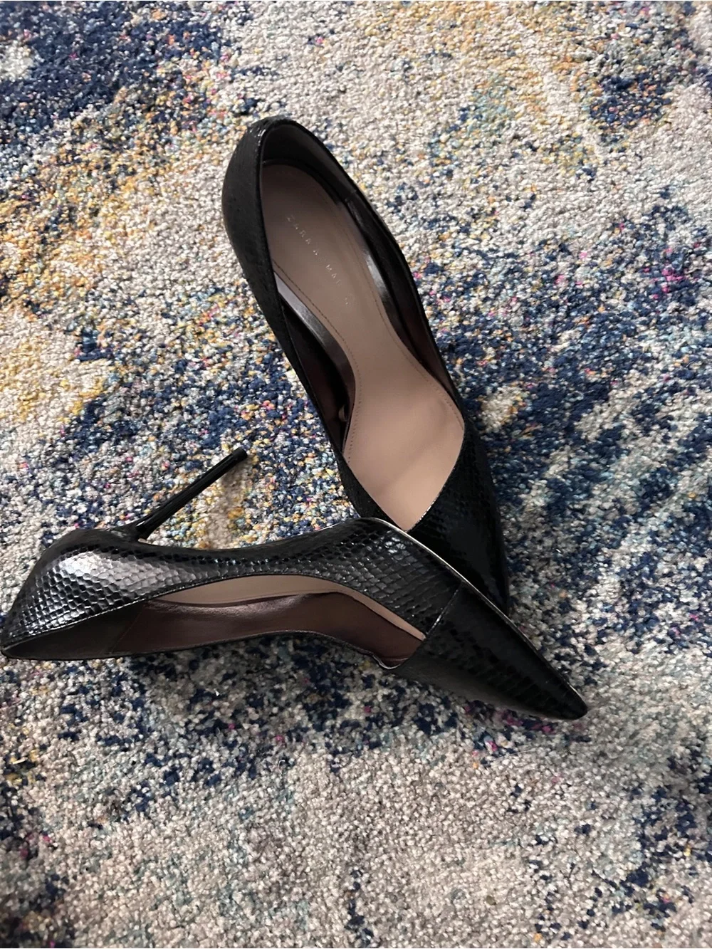 Zara Black Pointed Snake-Texture Heels
